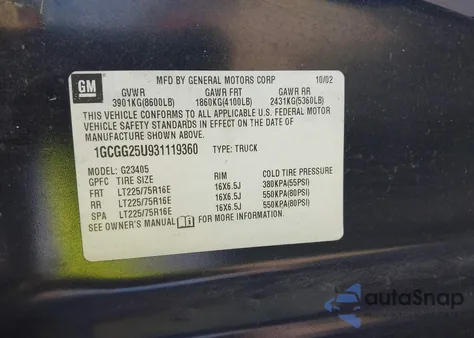 2003 Chevrolet Express z USA, uszkodzony, nr VIN 1GCGG25U931119360